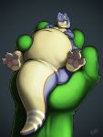  2018 3:4 3_fingers 3_toes anthro blue_body blue_scales brown_collar claws collar dinosaur duncan_roo duo featureless_crotch fingers fur green_body green_fur hi_res holding_character kangaroo lying macro macroceli macroceli_(artist) macropod male mammal marsupial micro micro_in_hand name_tag on_back pet reptile scales scalie size_play theropod toes tyrannosaurid tyrannosaurus tyrannosaurus_rex white_body white_claws 