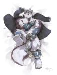  1boy abs absurdres animal_ears bara bare_chest blush boogbogex bulge chest chest_hair erection erection_under_clothes furry grey_fur grey_hair headband highres horkeu_kamui_(tokyo_houkago_summoners) jacket jacket_on_shoulders leg_up male_focus multicolored_hair muscle navel nipples short_hair silver_hair solo tail thick_thighs thighs tokyo_houkago_summoners two-tone_fur white_fur wolf_boy wolf_ears wolf_tail yellow_eyes 