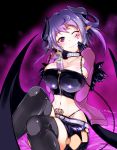  1girl belt black_legwear breasts cleavage collarbone demon_girl eyebrows_visible_through_hair facial_tattoo heart heart_in_eye highres large_breasts lips long_sleeves navel navel_piercing one_eye_closed original piercing pubic_tattoo purple_hair red_hair ryuu_tou sitting solo succubus symbol_in_eye tattoo thighhighs 