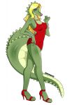  anthro blonde_hair bracelet breasts clothed clothing crocodile crocodilian crocodylid dress eyeshadow female footwear gem green_body green_scales hair hi_res high_heels horsecat jewelry lipstick makeup necklace nipple_outline non-mammal_breasts pearl_(gem) pearl_necklace red_clothing red_dress reptile scales scalie shoes solo standing thick_tail 