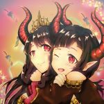  &gt;_o 2girls ;) ;d breasts brown_hair crown demon demon_horns grand_summoners hair_ornament horns hug juno(grand_summoners) leone_(grand_summoners) mother_and_daughter multiple_girls one_eye_closed open_mouth red_eyes short_hair smile 