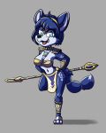  3_toes anthro armor blue_body blue_eyes blue_fur blue_hair canid canine female fingers fox fur gem grey_background hair hi_res jewelry krystal looking_at_viewer mammal markings miakameron nintendo short_hair simple_background solo star_fox toes video_games white_body white_fur white_markings 