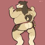  1:1 2020 anthro blush brown_body brown_fur butt canid canine canis clothing domestic_dog fur hi_res hornidoggo jockstrap male mammal overweight overweight_anthro overweight_male simple_background solo underwear 