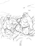  2020 anthro asian_clothing belly clothing duo east_asian_clothing fundoshi hanakatsuo10 hi_res japanese_clothing kemono male mammal monochrome nipples outside overweight overweight_male sitting sketch suid suina sus_(pig) underwear wild_boar 
