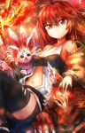  1girl bare_shoulders belt breasts claws creature duel_monster fire fox hand_on_another&#039;s_head hatano_kiyoshi highres hiita holding holding_staff inari_fire long_hair navel open_clothes open_robe orange_eyes petting red_hair robe shirt shorts sitting sleeveless sleeveless_shirt staff thighhighs torn_clothes torn_legwear unbuttoned unbuttoned_shirt yu-gi-oh! 