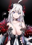  1girl absurdres ahoge bangs blue_eyes breasts choker cleavage collarbone demon_horns demon_tail dress fang feather_boa glowing_horns highres horns indie_virtual_youtuber large_breasts long_hair neonbeat sidelocks skin_fang skull smile solo tail vei_(vtuber) white_hair 
