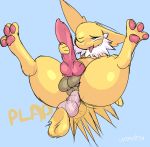  2020 anal anal_penetration animal_genitalia animal_penis balls big_penis blue_background canine_penis disembodied_penis duo eeveelution erection feral feral_penetrated front_view fur genitals hand_on_penis hi_res hindpaw jolteon knot looking_pleasured lying male male/male male_penetrated male_penetrating male_penetrating_male motion_lines nintendo nude on_back one_eye_closed onomatopoeia pawpads paws penetration penis pok&eacute;mon pok&eacute;mon_(species) simple_background sound_effects text thick_thighs tongue tongue_out uromatsu video_games yellow_body yellow_fur 