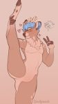  &lt;3 5_fingers anthro antlers blue_eyes blue_hair brown_body brown_nose bulge cervid cervine eyewear fingers flexible front_view gesture girly glasses hair hi_res holding_leg hooves horn looking_at_viewer male mammal mcarron_deer naughty_face neck_tuft nude on_one_leg one_eye_closed one_leg_up raised_leg smile solo spots spotted_body spottymichi spread_legs spreading standing stretching tuft wink 