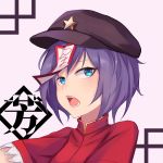  1girl blue_eyes blush brown_headwear commentary_request eyebrows_behind_hair eyelashes gold_trim highres jiangshi miyako_yoshika ofuda open_mouth outstretched_arms purple_hair red_shirt shirt short_hair short_sleeves simple_background solo star_(symbol) teeth touhou upper_body white_background yongzhe_mei_hong zombie_pose 