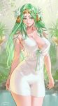  1girl bangs bare_shoulders blush breasts circlet cleavage closed_mouth collarbone covered_navel dress fire_emblem fire_emblem:_three_houses flower green_eyes green_hair hair_flower hair_ornament highres large_breasts long_hair looking_at_viewer parted_bangs rhea_(fire_emblem) sendrawz short_dress smile thighs wading water wet white_dress 