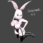  1:1 2020 absurd_res anthro beastars bow_tie breasts bunny_costume clothed clothing costume domestic_rabbit ears_up exposed_breasts female feralx full-length_portrait garter_straps grey_background hand_on_hip haru_(beastars) hi_res high-angle_view humanoid_hands lagomorph legwear leotard leporid long_ears mammal nipples oryctolagus portrait purple_eyes rabbit simple_background solo stockings thigh_highs white_body 