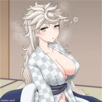  asymmetrical_hair breasts brown_eyes cleavage cypress drunk kantai_collection large_breasts long_hair naked_robe navel open_clothes silver_hair unryuu_(kantai_collection) very_long_hair wavy_hair 