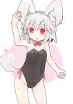  1girl absurdres animal_ear_fluff animal_ears arm_up bangs bare_arms bare_shoulders black_leotard blush bow bowtie bunny_ears collar covered_navel detached_collar eyebrows_visible_through_hair fake_animal_ears groin hair_between_eyes hairband highres inubashiri_momiji kibisake leotard outline pink_background playboy_bunny red_eyes red_neckwear silver_hair solo standing strapless strapless_leotard tail thick_eyebrows touhou two-tone_background white_background white_collar white_hairband white_outline wolf_ears wolf_girl wolf_tail 