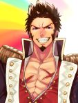  1boy abs bare_chest beard blue_eyes brown_hair buttons chest chest_scar collared_jacket epaulettes eyebrows face facial_hair fate/grand_order fate_(series) forehead furrowed_eyebrows gold_trim grin high_collar highres jacket looking_at_viewer male_focus military military_uniform multicolored multicolored_background muscle napoleon_bonaparte_(fate/grand_order) open_clothes open_jacket pectorals portrait scar short_hair simple_background smile solo spiked_hair tbm_fate teeth uniform v-shaped_eyebrows 