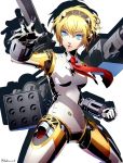  1girl aegis_(persona) android blonde_hair blue_eyes breasts datcravat fighting_stance gloves hair_between_eyes hairband highres joints mechanical_parts necktie persona persona_3 robot robot_joints short_hair simple_background solo white_background white_gloves 