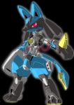  arm_cannon black_background gen_4_pokemon highres kuroiwa_cookie looking_ahead lucario mecha mechanization no_humans pink_eyes pokemon pokemon_(game) pokemon_dppt robot solo standing weapon 