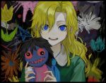  1girl bangs black_border blonde_hair blue_eyes blue_neckwear border child_drawing doll doll_(ib) dress flower green_dress hair_between_eyes highres holding ib long_hair mary_(ib) open_mouth skkc_128 solo star_(symbol) stuffed_toy stuffing upper_body 