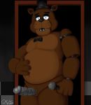  animatronic anthro belly blue_eyes bow_tie brown_body brown_fur clothing fingers five_nights_at_freddy&#039;s freddy_(fnaf) fur genitals glowing glowing_eyes hand_on_stomach hat headgear headwear hi_res humanoid_genitalia humanoid_penis inside machine male mammal metal_penis microphone navel nude overweight overweight_anthro overweight_male penis qwertythewolf robot smile solo teeth ursid ursine video_games 