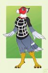  amelia_(animal_crossing) animal_crossing anthro avian beak bird bird_feet bottomless c-fed caracara clothed clothing digitigrade eyelashes eyeshadow falconid feathers female hi_res looking_at_viewer makeup nintendo partially_clothed smile solo standing tail_feathers video_games winged_arms wings 