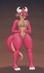  3:5 anthro blue_nipples blue_pussy blush breasts claws digital_media_(artwork) digitigrade ear_piercing ear_ring female fin full-length_portrait genitals gradient_background green_eyes horn jewelry knockedoutdragon kobold looking_away meep_the_kobold_(character) nipples nude open_mouth piercing pixel_(artwork) portrait pussy red_body scales scalie shy simple_background solo standing tan_body tan_scales thick_tail thick_thighs 