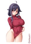  1girl ahoge blush breasts cowboy_shot dress ebifurya hair_flaps highres kantai_collection large_breasts low_twintails purple_hair red_eyes red_sweater ribbed_sweater sweater sweater_dress taigei_(kantai_collection) turtleneck turtleneck_sweater twintails twitter_username white_background 