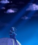  1girl arr3 blue_hair blue_skin closed_eyes cloud highres lapis_lazuli_(steven_universe) leg_up long_skirt ribbon short_hair skirt sky solo star_(sky) starry_background starry_sky steven_universe 