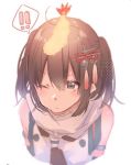  ! !! 1girl bangs blush brown_eyes brown_hair closed_mouth eyebrows_visible_through_hair food food_on_head hair_between_eyes hair_ornament kantai_collection medium_hair object_on_head one_eye_closed remodel_(kantai_collection) rinto_(rint_rnt) scarf sendai_(kantai_collection) shrimp shrimp_tempura simple_background sleeveless solo spoken_exclamation_mark tempura two_side_up upper_body white_background white_scarf 