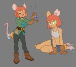  2020 anthro cloak clothing eyes_closed female flowerimh gloves green_eyes grey_background handwear hi_res mammal mouse murid murine notched_ear potion rodent scar simple_background solo 