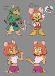  2020 anthro armello bottomwear bra buckteeth cheese cloak clothing dagger dairy_products disney english_text female flowerimh food green_eyes grey_background hi_res hoodie mammal melee_weapon mickey_mouse midriff midriff_baring_shirt mouse murid murine notched_ear rodent shirt shorts simple_background solo t-shirt teeth text topwear underwear video_games weapon 