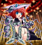  1girl blue_eyes blush bunji chimeratech_fortress_dragon commentary_request dragon_girl duel_monster electricity eyebrows_visible_through_hair flat_chest headgear mecha_musume mechanical_tail open_mouth personification red_hair sitting solo tail thighhighs yu-gi-oh! 