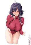  1girl ahoge blush breasts cowboy_shot dress ebifurya hair_flaps highres kantai_collection large_breasts low_twintails purple_hair red_eyes red_sweater ribbed_sweater sweater sweater_dress taigei_(kantai_collection) turtleneck turtleneck_sweater twintails twitter_username white_background 