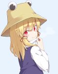  1girl alternate_eye_color blonde_hair blue_background blush closed_mouth from_side hair_ribbon hat kae_karee light_smile long_hair long_sleeves looking_at_viewer looking_to_the_side moriya_suwako purple_vest red_eyes red_ribbon ribbon shirt simple_background solo touhou tress_ribbon turtleneck upper_body vest white_shirt 