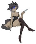  2020 anthro blue_sclera boots breasts canid canine canis cleavage clothed clothing dress female flowerimh footwear hair hair_bun hi_res knife mammal off_shoulder oriana_thaffer simple_background solo white_background wolf 