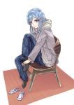  1girl alternate_costume black_legwear blue_eyes blue_hair blue_pants chair denim full_body gotland_(kantai_collection) grey_sweater hood hooded_sweater hoodie jeans kantai_collection long_hair looking_at_viewer mole mole_under_eye pants simple_background slippers slippers_removed socks solo sweater urokoro white_background wooden_floor 