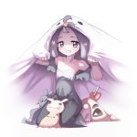  1girl acerola_(pokemon) barefoot blush body_blush collarbone commentary dress eyelashes gen_7_pokemon grey_eyes grey_hair holding kneeling looking_at_viewer maidforge mimikyu oricorio oricorio_(sensu) pokemon pokemon_(creature) pokemon_(game) pokemon_sm sandygast smile stitches strap_slip teeth toes 