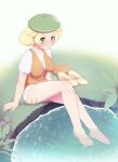  1girl barefoot bianca_(pokemon) blonde_hair blush breasts cleavage closed_mouth commentary_request commission feet footwear_removed grass green_eyes green_headwear hat knees maidforge no_pupils pokemon pokemon_(game) pokemon_bw rock shiny shiny_skin short_hair short_sleeves sitting soaking_feet solo toes water 