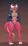 3:5 anthro blue_clothing blue_jacket blue_nipples blue_pussy blue_topwear blush breasts claws clothing clothing_grab digital_media_(artwork) digitigrade ear_piercing ear_ring exposed_breasts female fin full-length_portrait genitals gradient_background green_eyes horn jacket jewelry knockedoutdragon kobold looking_away meep_the_kobold_(character) nipples nude open_mouth patch_(fabric) piercing pixel_(artwork) portrait pussy red_body scales scalie shy simple_background solo standing tan_body tan_scales thick_tail thick_thighs topwear 