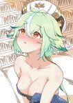  1girl absurdres animal_ears bare_shoulders blush bookshelf breasts cleavage collarbone engineer_kim genshin_impact green_hair hat highres looking_up no_eyewear open_mouth ponytail solo solo_focus sucrose_(genshin_impact) yellow_eyes 