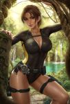  1girl breasts brown_eyes brown_hair cleavage day gun handgun highres holster lara_croft large_breasts lips long_hair looking_at_viewer outdoors pistol ponytail sciamano240 solo strap tan thigh_holster thigh_strap thighs tomb_raider unzipped weapon wet wetsuit 