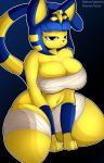  2020 4_fingers animal_crossing ankha_(animal_crossing) anthro armwear biped black_nose blonde_hair blue_armwear blue_body blue_clothing blue_ears blue_fur blue_hair blue_tail breasts clothed clothing digital_drawing_(artwork) digital_media_(artwork) domestic_cat egyptian egyptian_clothing egyptian_headdress eyelashes felid feline felis female fingers frown fur gayeon hair half-closed_eyes hi_res kneeling looking_at_viewer mammal multicolored_ears multicolored_hair multicolored_tail narrowed_eyes nintendo on_ground simple_background solo striped_tail stripes text url video_games yellow_body yellow_fur yellow_inner_ear yellow_tail 