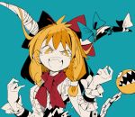  1girl blonde_hair blue_background blue_bow bow bright_pupils center_frills chain chain_chomp frills hair_bow hands_up horn_bow horns ibuki_suika long_hair ma_sakasama open_mouth red_bow red_neckwear sharp_teeth shirt simple_background smile solo teeth touhou upper_body v-shaped_eyebrows white_pupils white_shirt wrist_cuffs yellow_eyes 
