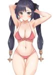  1girl amanoyui armpits arms_up bangs bare_shoulders bikini blush breasts brown_hair cleavage collarbone genshin_impact green_eyes hair_ornament highres long_hair looking_at_viewer medium_breasts mona_(genshin_impact) navel pink_bikini purple_hair simple_background solo stomach swimsuit thighs twintails 