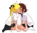  2girls blonde_hair blush brown_hair closed_eyes hair_ribbon heart kill_me_baby kiss long_hair meis_(terameisu) multiple_girls necktie oribe_yasuna ribbon school_uniform short_hair simple_background skirt sonya_(kill_me_baby) sweat twintails white_background yuri 