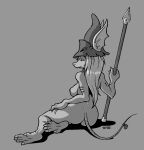 2020 5_fingers 5_toes anthro big_breasts big_butt breasts burmecian butt claws clothing female final_fantasy final_fantasy_ix finger_claws fingers freya_crescent grey_background greyscale hair half-closed_eyes hand_on_leg hand_on_thigh hat hat_only headgear headgear_only headwear headwear_only hi_res holding_object holding_weapon long_hair looking_away looking_back mammal melee_weapon monochrome mostly_nude narrowed_eyes onihidden polearm rear_view ribbons rodent scar simple_background sitting solo spear square_enix tail_bow tail_ribbon toe_claws toes video_games weapon 