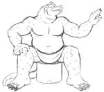  anthro bath black_and_white furniture male monochrome musclegut navel open_mouth overweight overweight_anthro overweight_male reptile scalie simple_background sitting solo stool teeth_showing thegreatmatsutzu towel white_background 