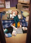 1girl akigumo_(kantai_collection) book bookshelf brown_hair cellphone commentary_request controller cup curtains cushion drawing_tablet dvd_case green_eyes green_sweater hair_ribbon handheld_game_console highres holding holding_handheld_game_console indoors kantai_collection kotatsu long_hair mug nathaniel_pennel nintendo_switch official_alternate_costume orange_skirt phone pleated_skirt ponytail remote_control ribbon skirt smartphone solo stylus sweater table television tissue_box wooden_floor zabuton 