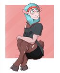  accessory anthro blue_hair bottomwear bovid brown_body brown_fur c-fed caprine clothed clothing cloven_hooves eyewear female fully_clothed fur glasses hair headband hi_res hooves mammal sheep shirt shorts sitting smiel solo t-shirt topwear 