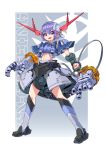  1girl absurdres ag_00000 character_name clenched_hand gundam highres mecha_musume midriff mobile_suit_gundam navel open_hands open_mouth personification purple_eyes purple_hair short_hair solo zeong 