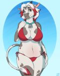  4:5 anthro bell bell_collar big_breasts bikini bovid bovine bra breasts c-fed cattle clothed clothing collar daisy_maybelle female fur hair half-closed_eyes hi_res horn mammal narrowed_eyes skimpy slightly_chubby smile solo standing swimwear tail_tuft tuft underwear white_body white_fur white_hair 