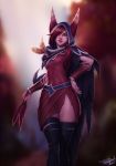  2019 5_fingers animal_humanoid armor avian avian_humanoid blurred_background breasts clothed clothing day detailed_background dress facial_piercing feathered_wings feathers female fingers gloves hair hand_on_hip handwear hi_res holding_object hood hoodie humanoid league_of_legends leg_wrap legwear lips looking_at_viewer mammal nose_piercing one_eye_obstructed orange_eyes outside personalami piercing pink_body pink_skin portrait pose red_hair riot_games rope signature small_breasts smile solo standing thigh_highs three-quarter_portrait topwear vastaya video_games wings xayah_(lol) 